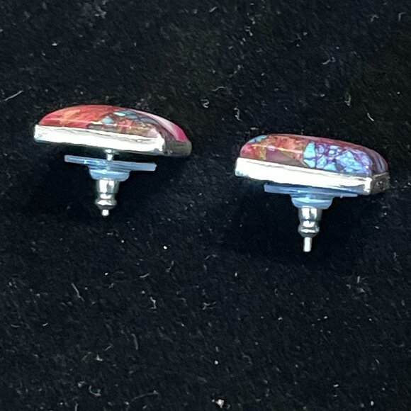 Kingman Turquoise Purple Dahlia Pierced Earrings set in 925 Silver - Picture 5 of 12